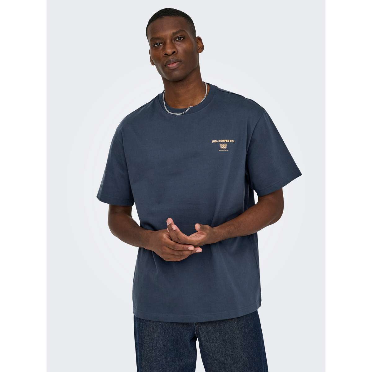 ONLY & SONS MENS RELAXED FIT COTTON FRED LIFE FOODIE SS TEE BLUE 